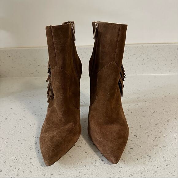 Jessica Simpson Fringe Brown Suede Pointed Toe Heeled Ankle Booties Boots 9M/40 - Picture 6 of 14
